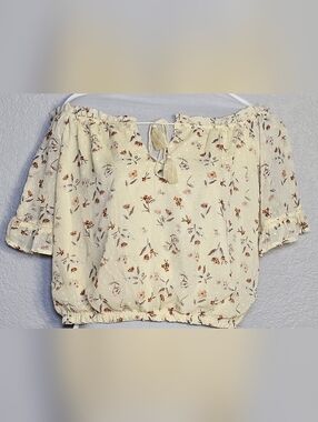 Crave Fame Floral Peasant Crop Top Large Boho Cottagecore Tassel Tie